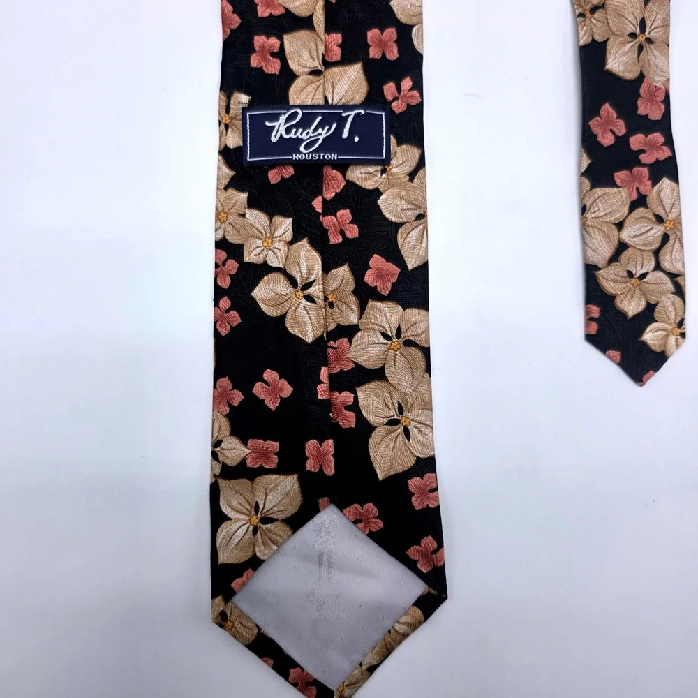 Rudy T Houston Mens Silk Floral Tie‎ Black Champagne Coral Hand Finished Spain